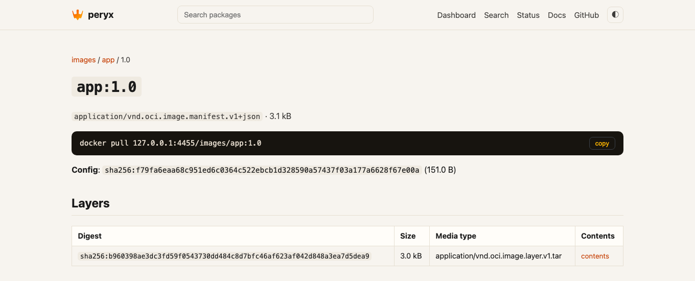 An OCI manifest: the pull command, the config digest, and the layer table with a contents link